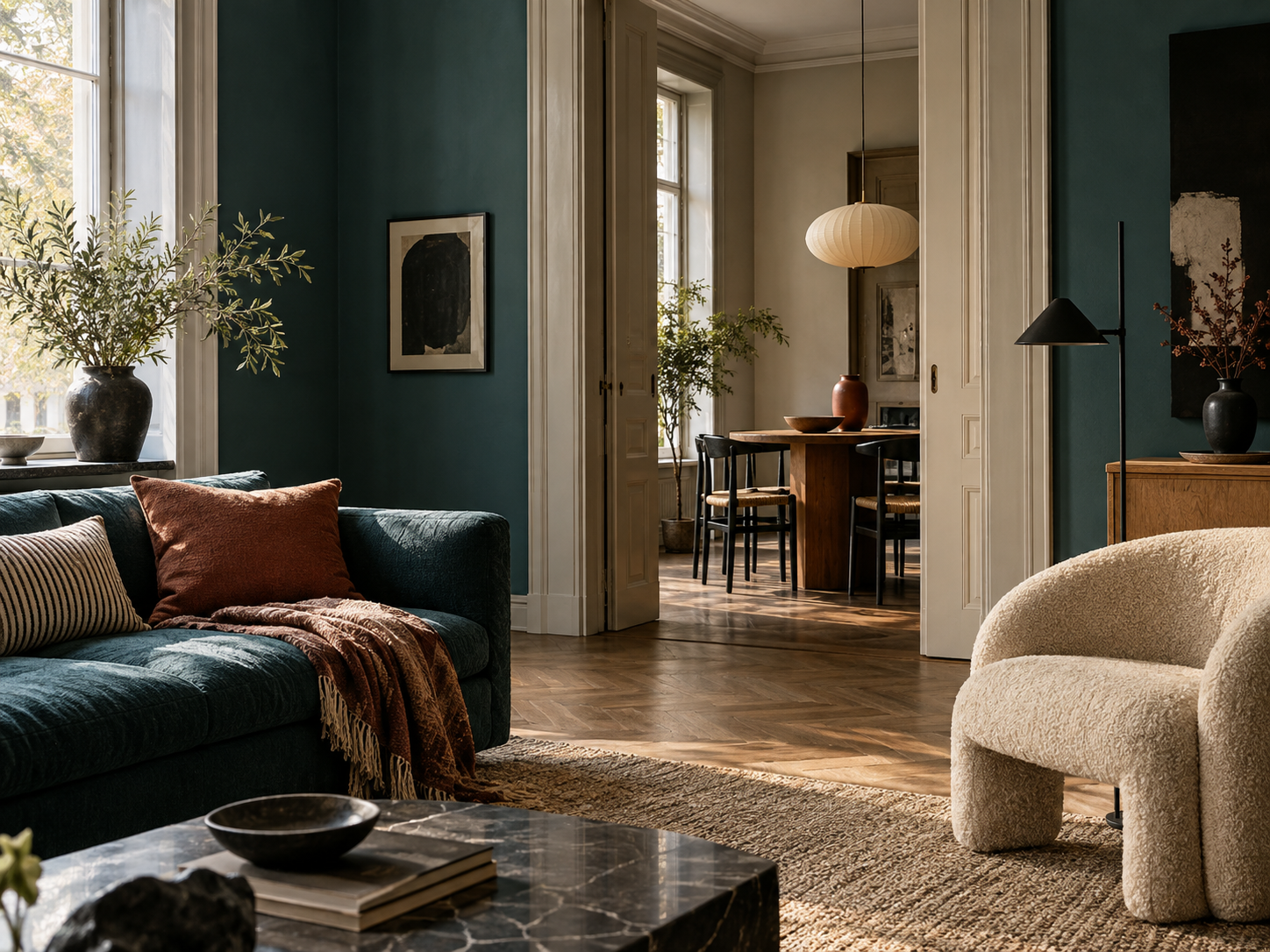 Warm contemporary interior using teal, wood, cream and clay
